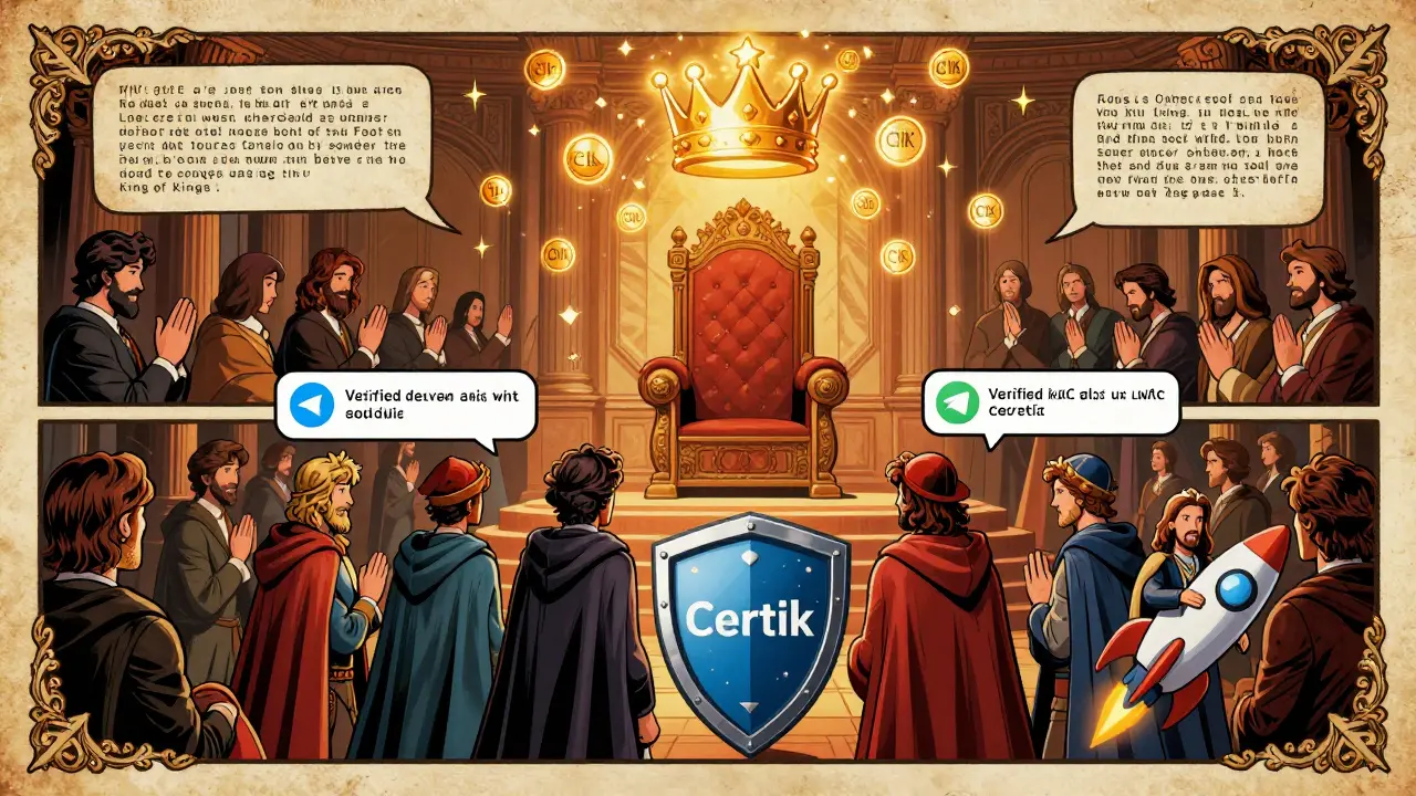 A digital prayer room with Bible verses and CIK tokens form a crown above a throne, with KYC heroes standing nearby.