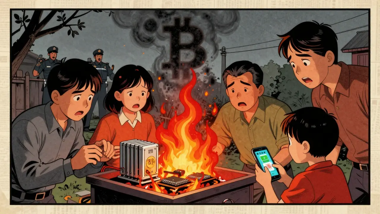 A family burns crypto hardware as a digital yuan app glows on a child's phone.