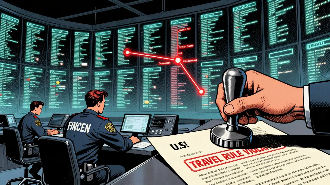 A FinCEN agent monitors blockchain transfers on a wall of glowing nodes, one flagged as sanctioned.