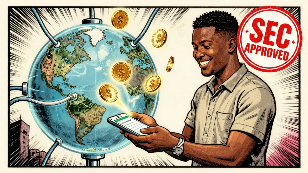 A freelancer in Lagos gets paid in cNGN from London, with global network lines connecting them.