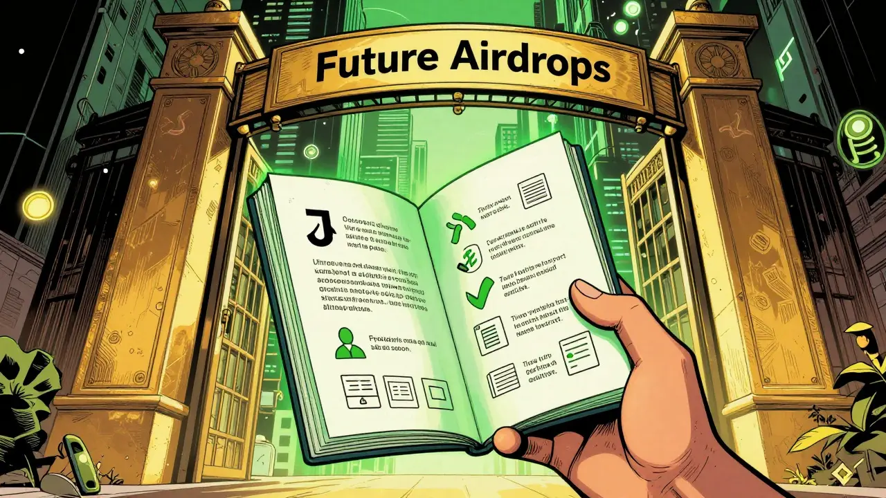 A glowing digital passport showing on-chain contributions, opening a gate to a future of rewarded blockchain participation.