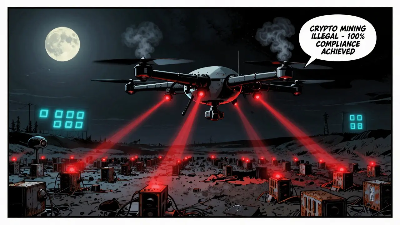 A government drone scans an abandoned mining farm with red alert beams at night.