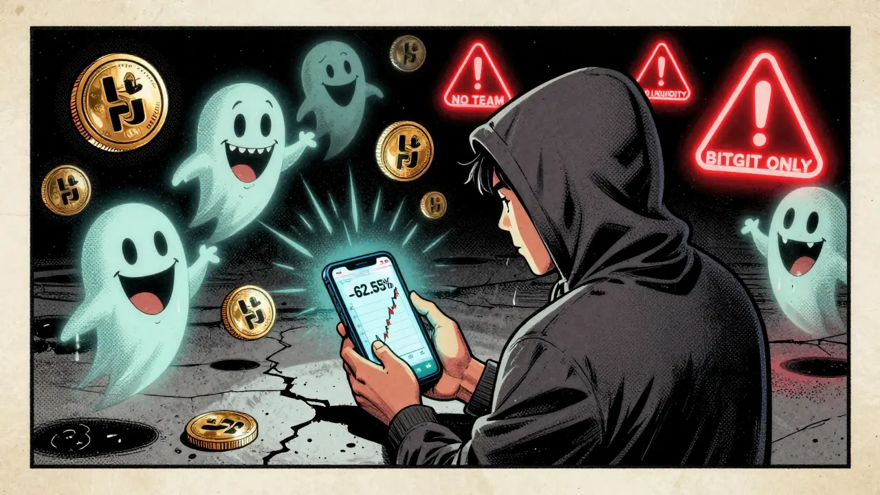 A lonely trader stares at a crashing FPEPE price chart surrounded by ghostly meme coins in a gritty comic style.