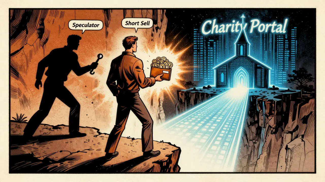 A man holds billions of CIK tokens on a digital cliff as a speculator pulls a lever behind him, path leads to a code-church.