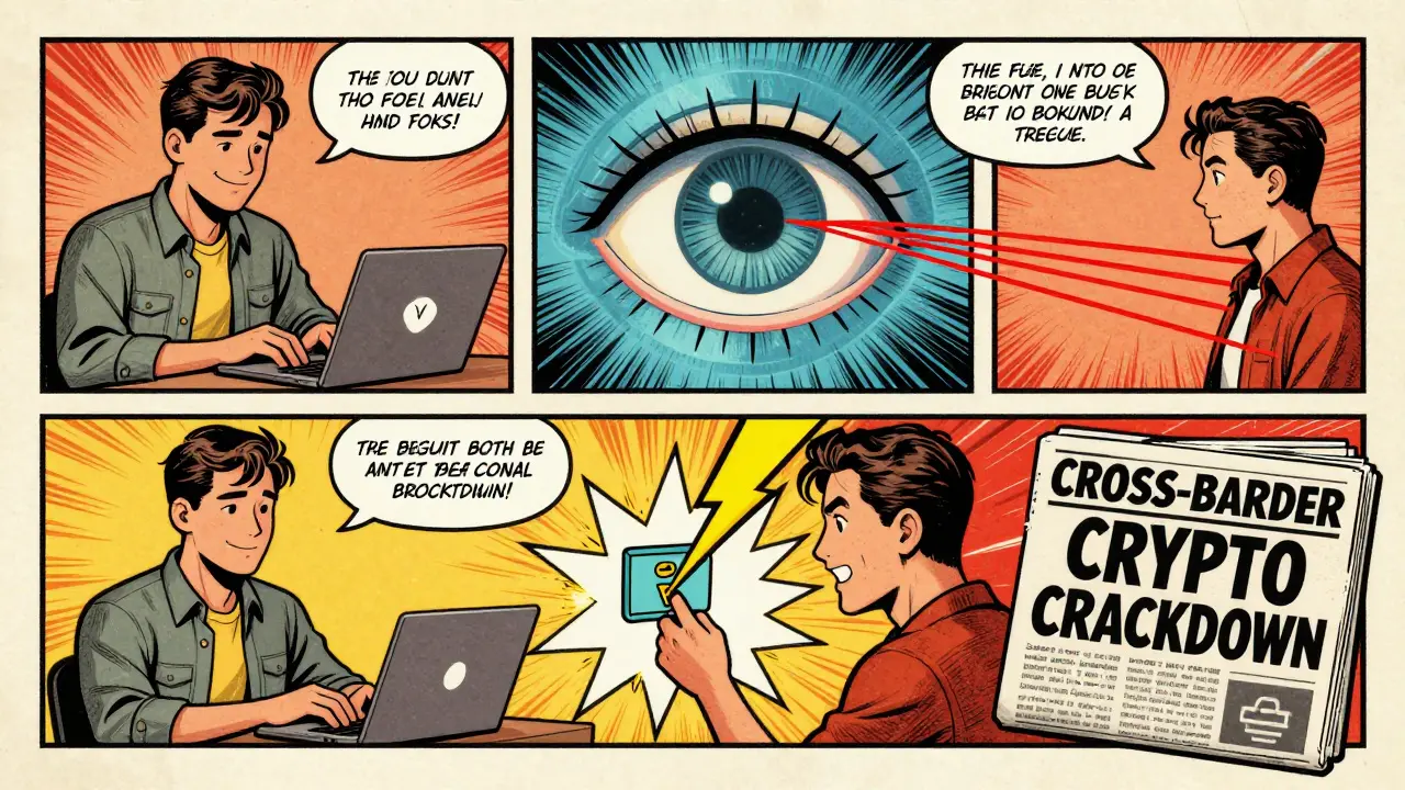 A man sends crypto via VPN, unaware an AI is tracking him — his funds freeze in the final panel.