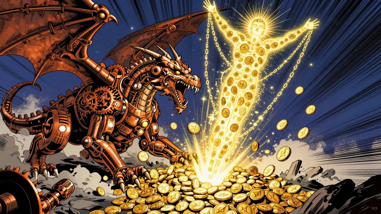 A mechanical dragon made of mining hardware dissolves into golden ETH tokens as a radiant staking figure ascends.