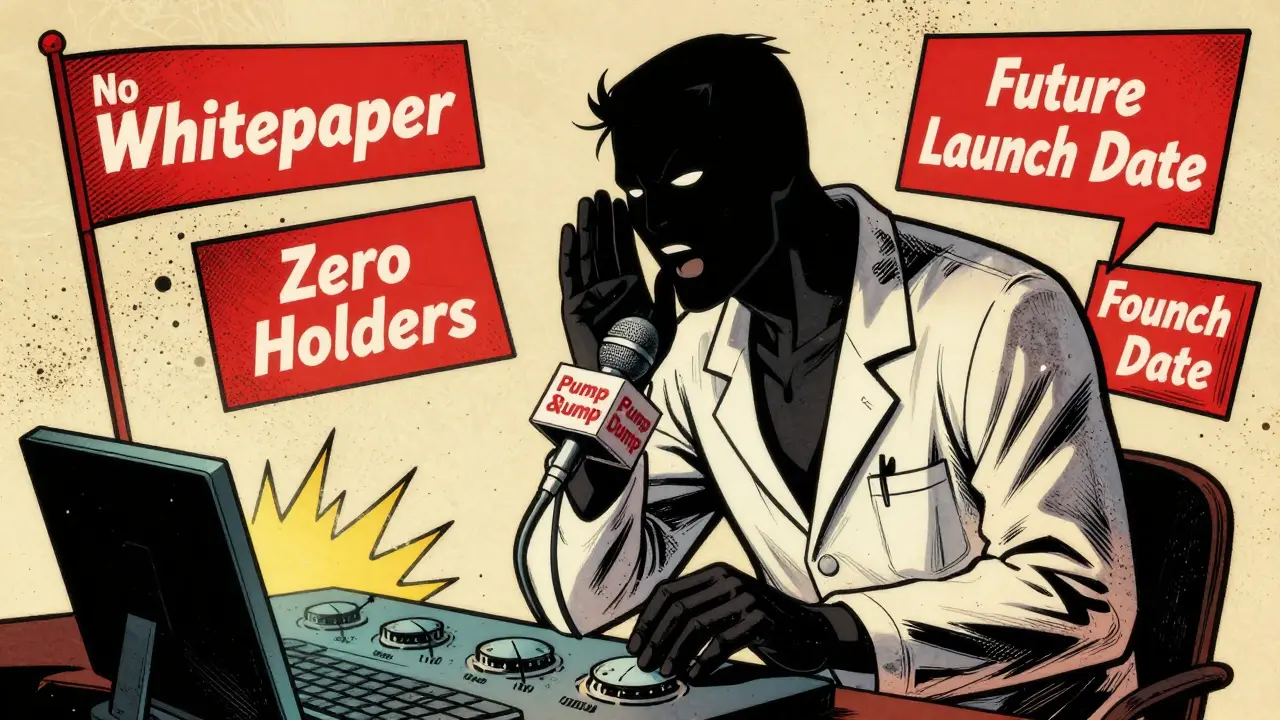 A shadowy schemer manipulating fake crypto data with red flags floating around in classic comic art style.