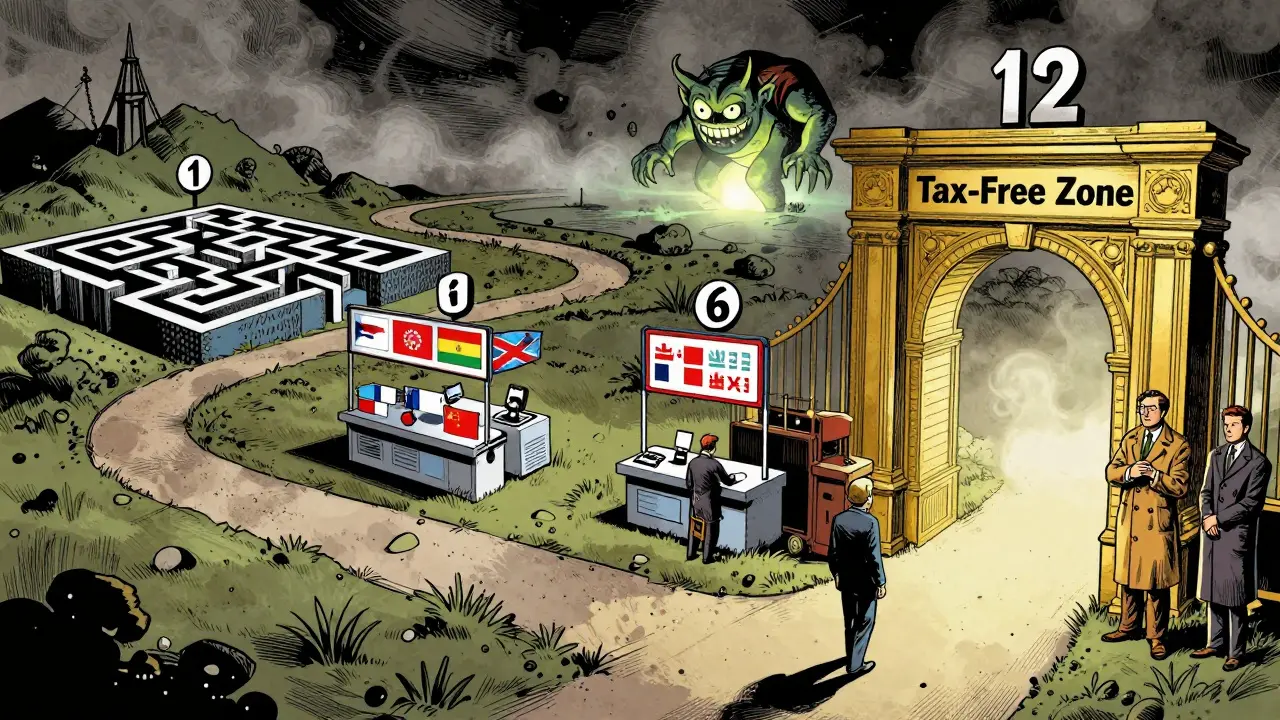 A surreal 12-month relocation journey path with blockchain mazes, passport stamps, and a golden tax-free gate.