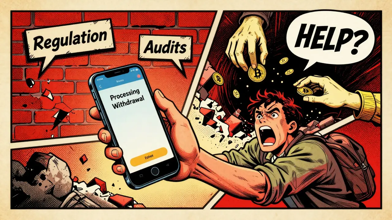 A user reaching for a frozen withdrawal screen as coins vanish into darkness, with regulatory walls crumbling.