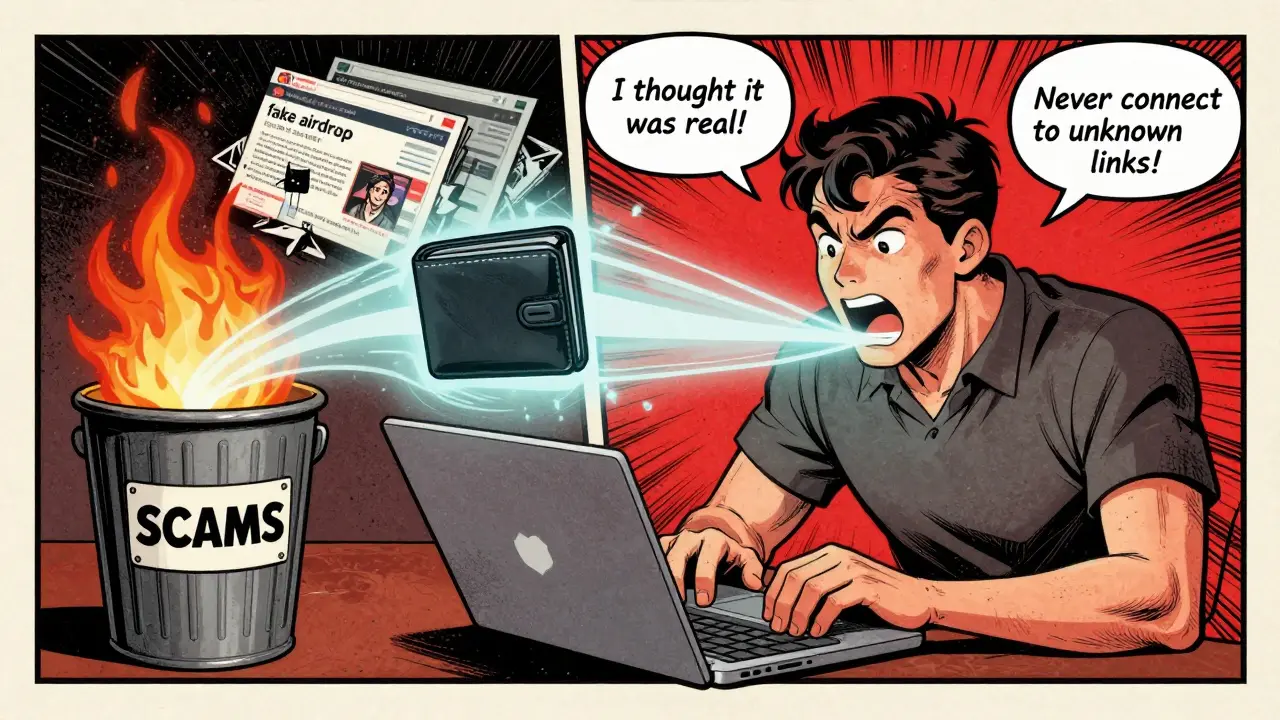 A user revoking access to a scam contract while burning fake airdrop websites in the background.