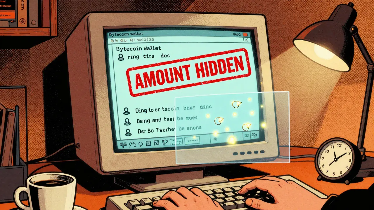 A vintage computer screen showing Bytecoin wallet with hidden transactions and one-time addresses glowing on a desk.