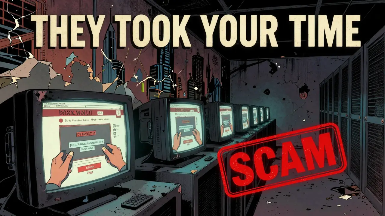 Abandoned server room with flickering screens and a peeling metropolis mural, labeled 'SCAM'.