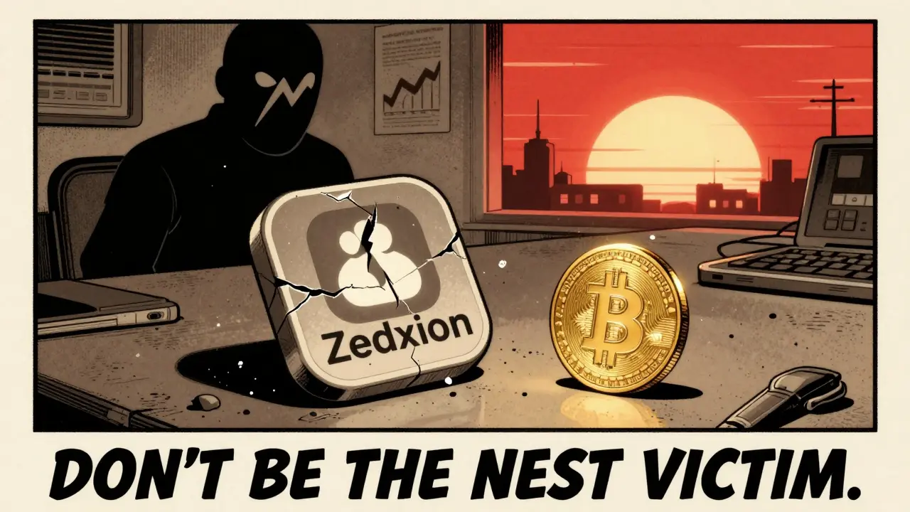 An abandoned Zedxion app icon beside a lone Bitcoin, while legitimate exchanges glow in the distance.