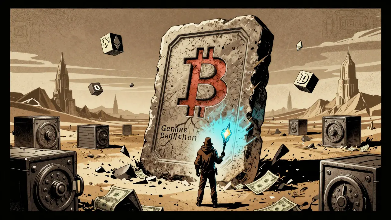 An ancient stone tablet with Bitcoin's Genesis Block code stands in a digital wasteland among shattered banks and rising crypto blocks.