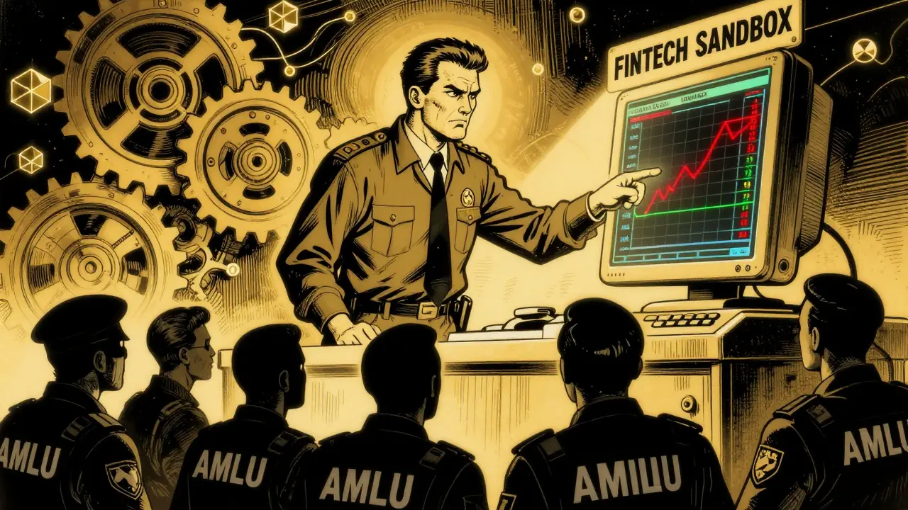 Central Bank regulator monitoring crypto transactions while unlicensed traders are arrested.