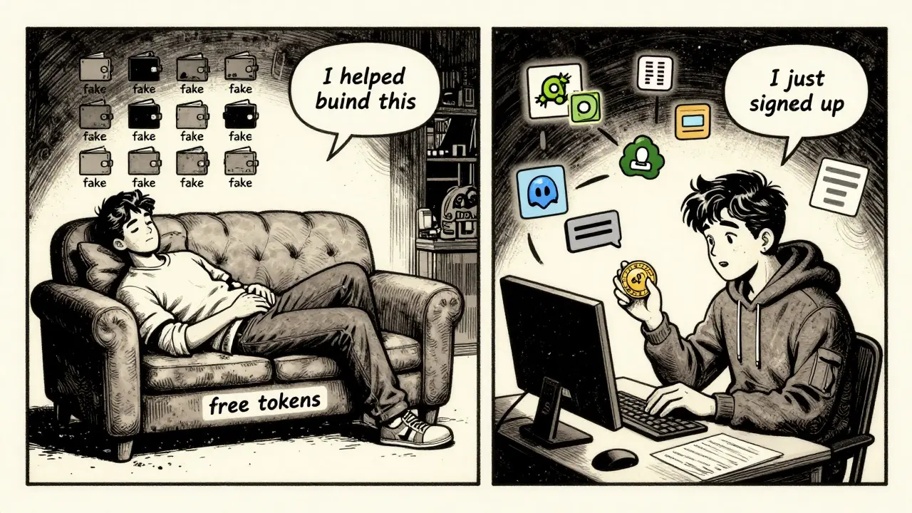 Contrasting comic panels: one lazy user with fake wallets vs. an engaged builder contributing to a crypto community.