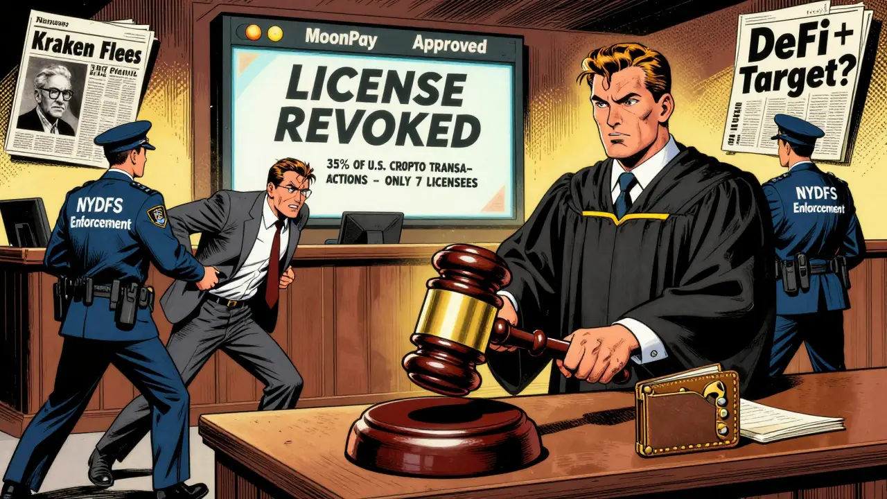 Courtroom scene with CEO arrested for lacking BitLicense, blockchain judge and news headlines.