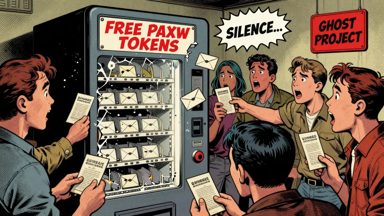 Crowd of hopeful people reaching for a broken vending machine that only gives empty envelopes.