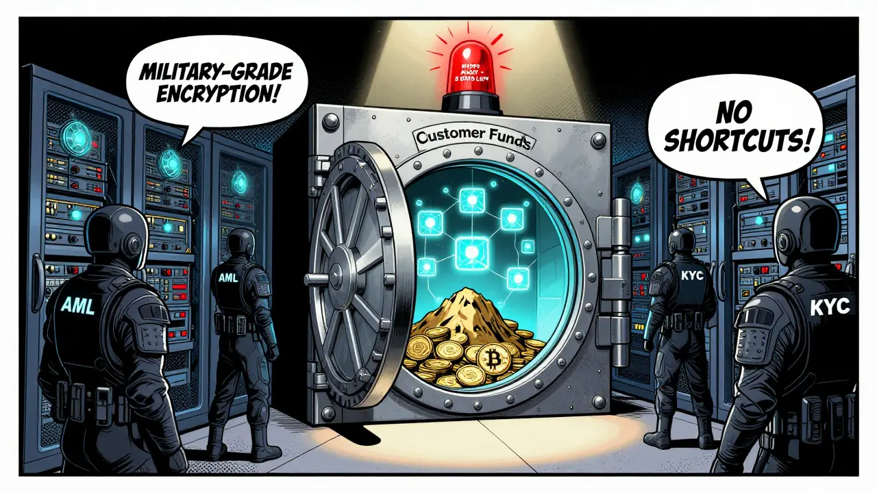 Crypto server room guarded by compliance teams, vault of coins glowing under audit alarm.