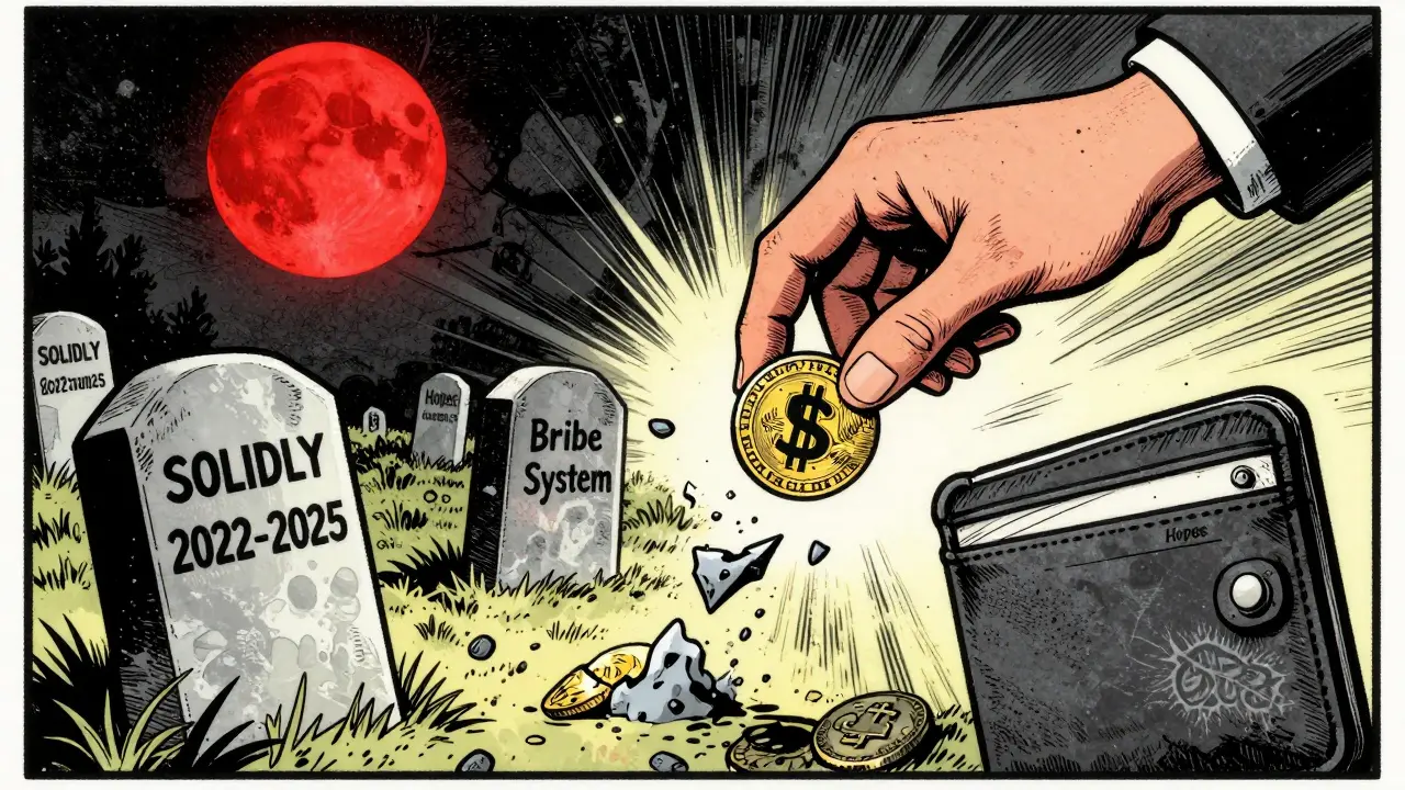 Crypto token graveyard with $SOLID coin crumbling to ash under a red moon in vintage comic style.