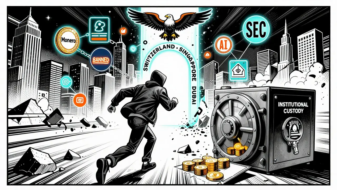 Developer fleeing U.S. crypto crackdown toward global havens, with AI and privacy coins being banned in background.