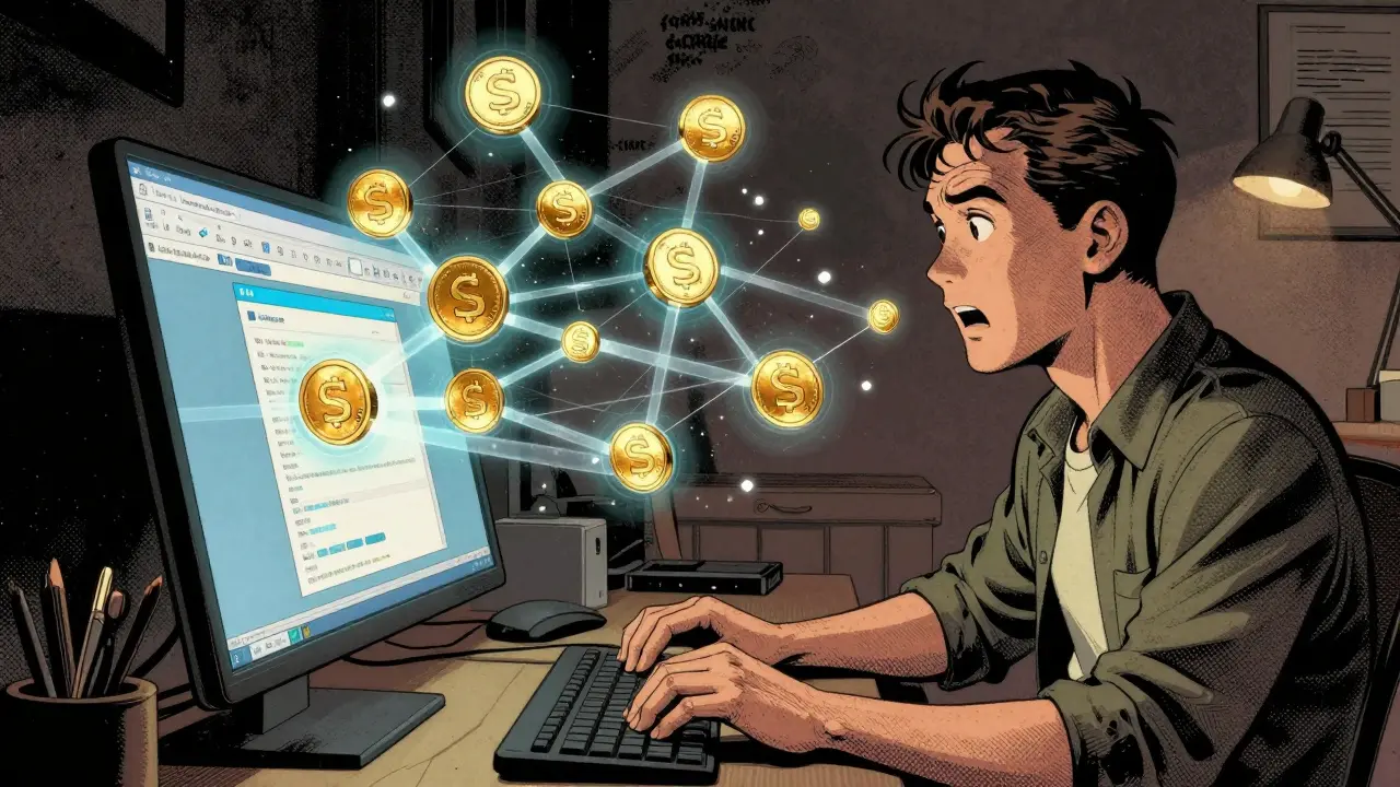 Developer typing on a browser as blockchain data flows into floating nodes emitting SAITO tokens.