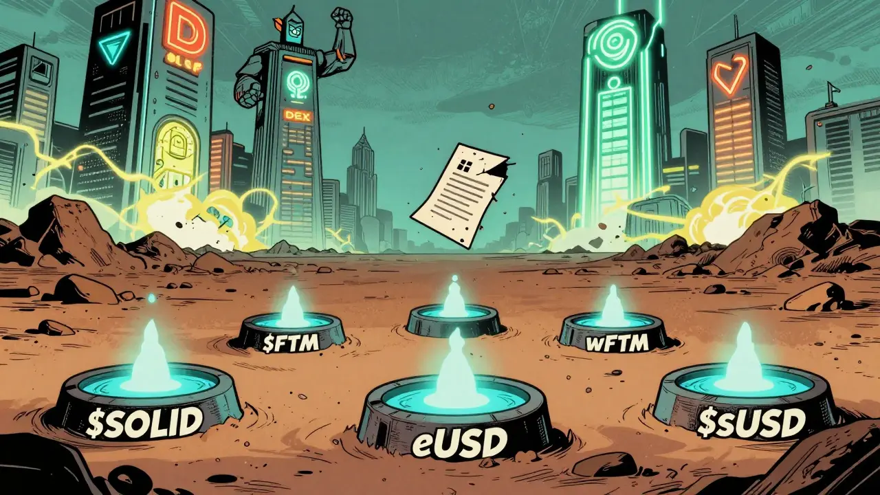 Flickering liquidity pools on Fantom overshadowed by giant DEXs in vintage comic book art.