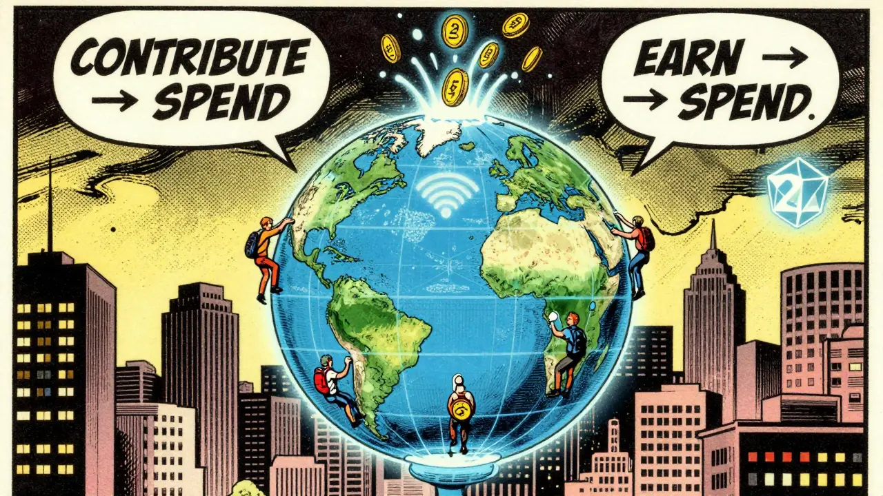 Giant holographic WiFi Map globe with people adding hotspots, glowing tokens rising upward.