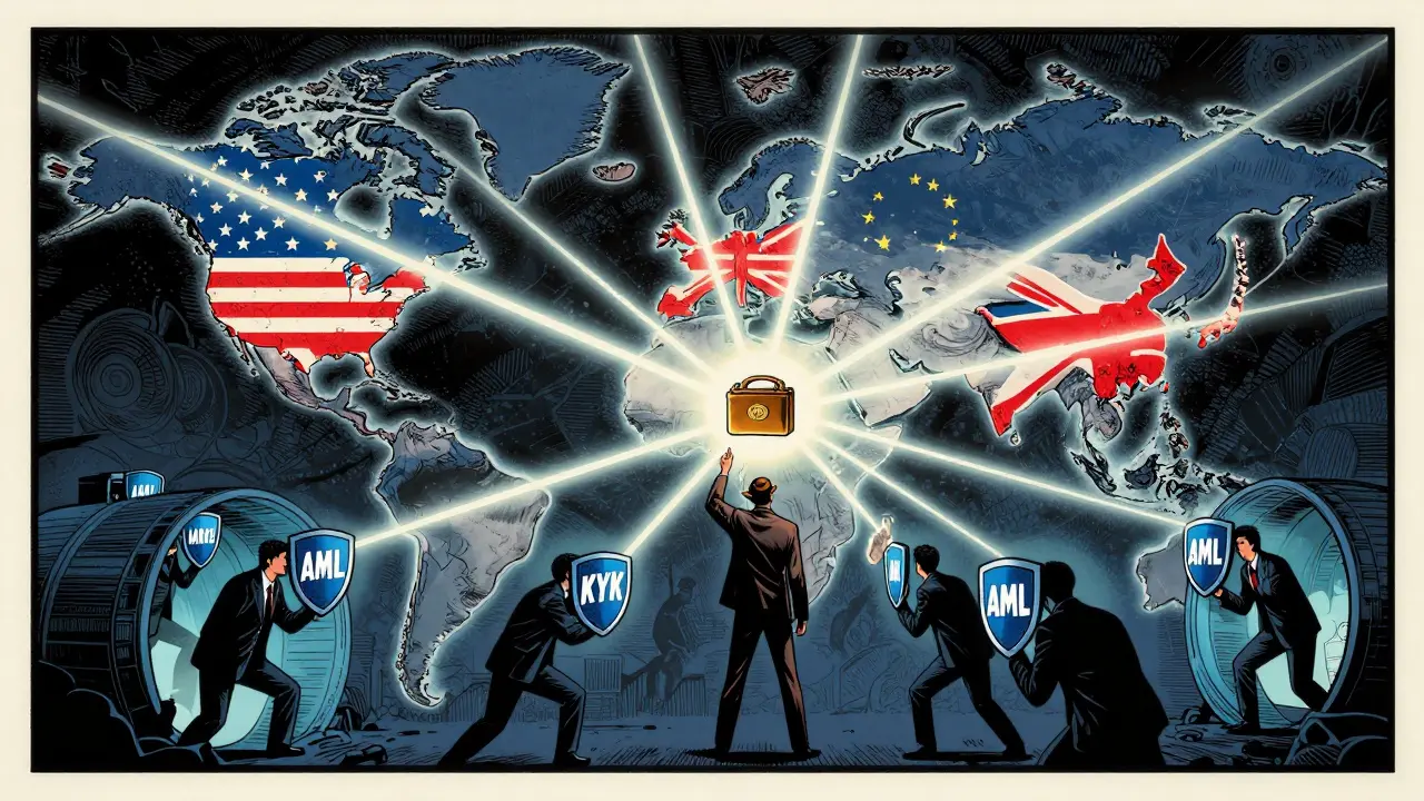 Global map with regulatory beams converging on a wallet as compliance heroes fight money launderers.