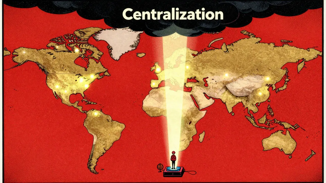 Global map with weak nodes in Asia, one Raspberry Pi node emitting a light beam breaking through centralization clouds.