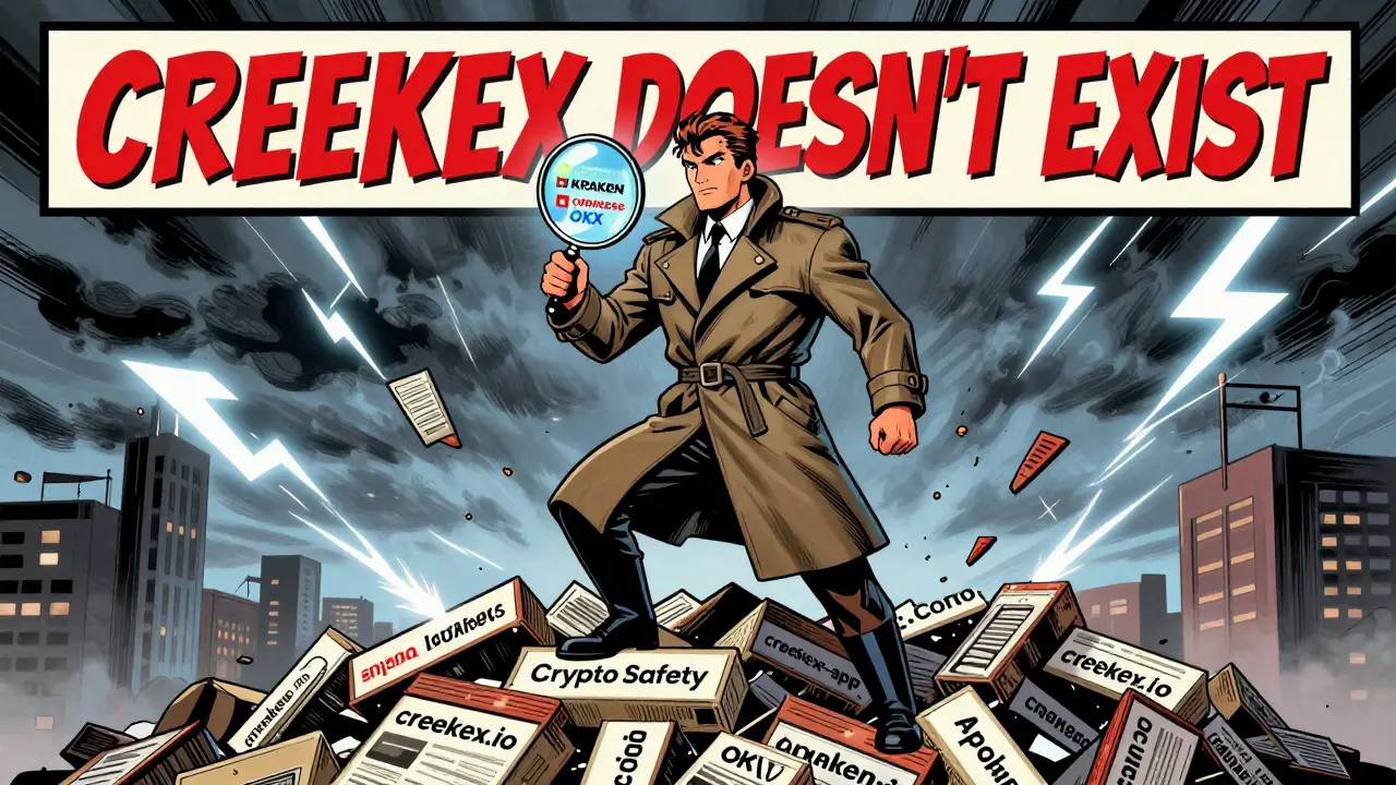 Hero standing on shattered scam domains with real exchanges shining in the distance under regulatory lightning.