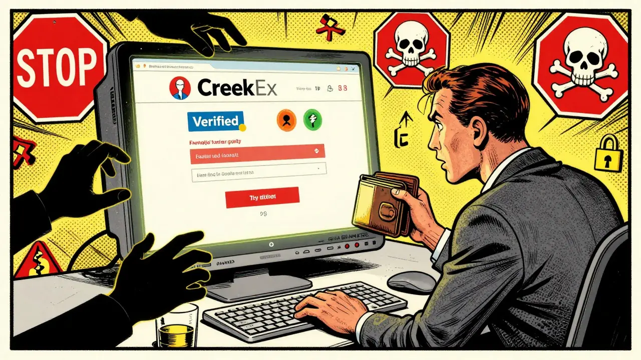 Investor being pulled into a fake crypto exchange screen by shadowy hands, surrounded by warning symbols.