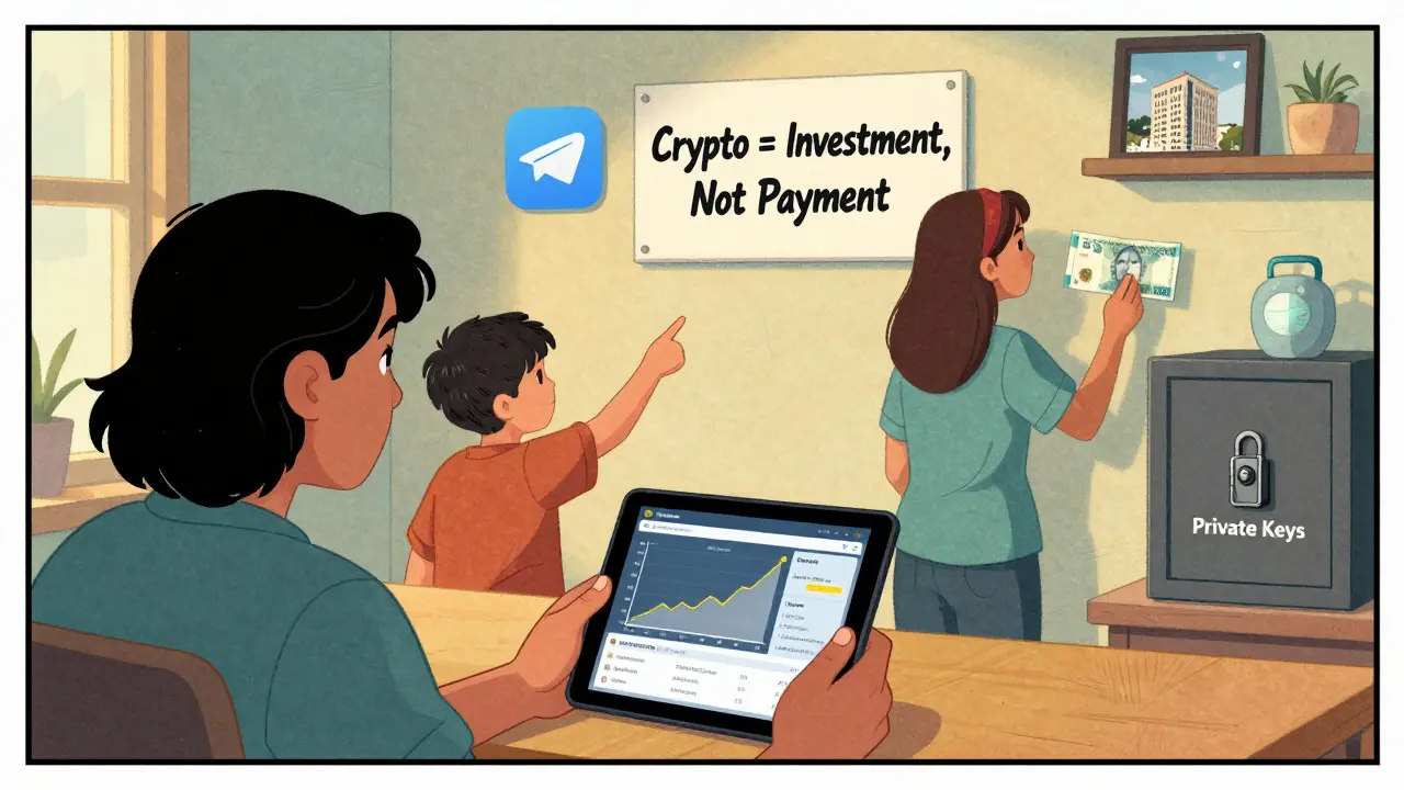 Jordanian family viewing crypto investments, understanding it's for saving, not spending.