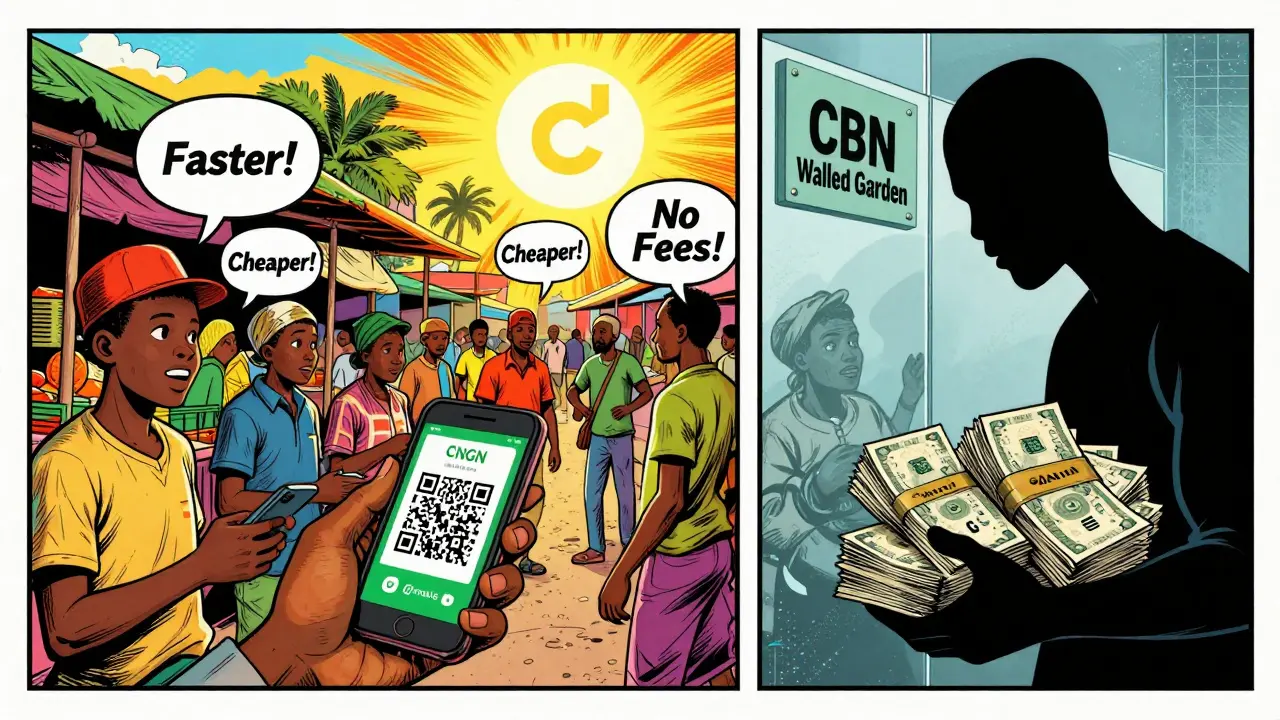 Market vendors accept cNGN via QR codes while eNaira is trapped behind a glass wall.