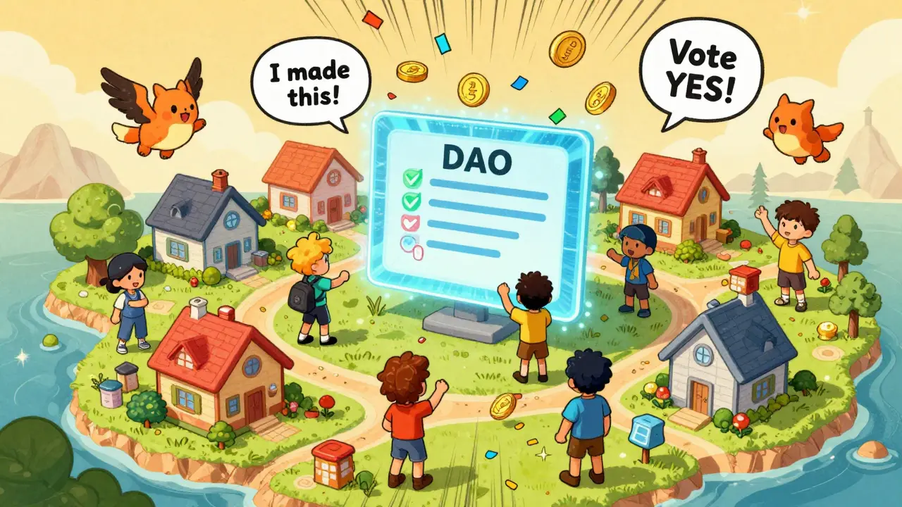 Multiple players building and voting on a holographic proposal amid floating ALICE tokens.