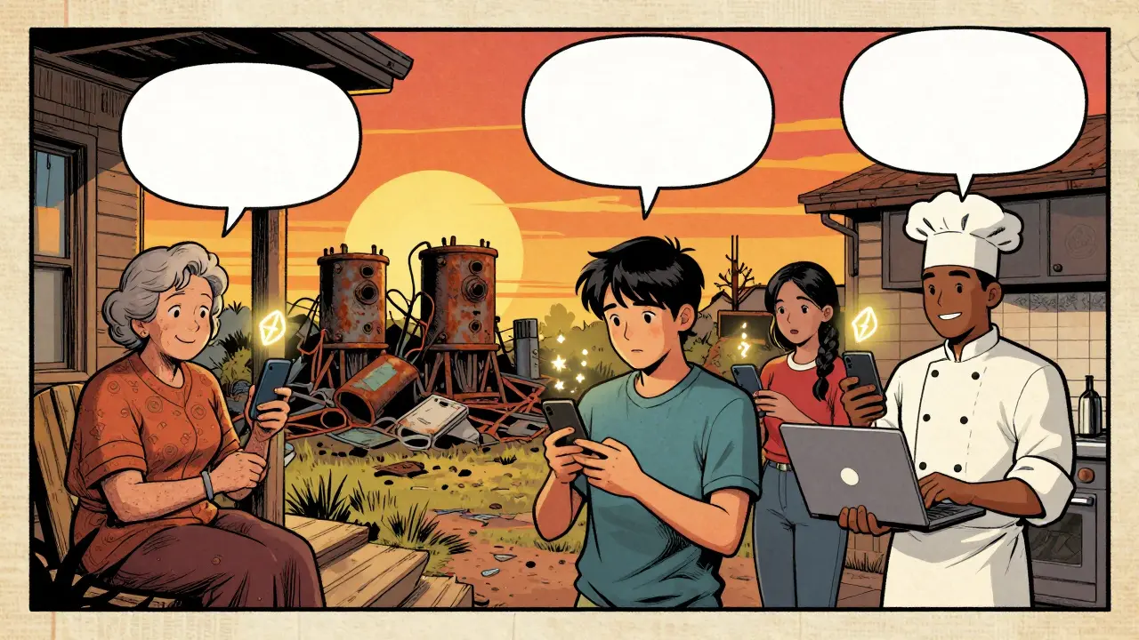 People from all walks of life staking ETH on their devices, with abandoned mining rigs rusting in the background.