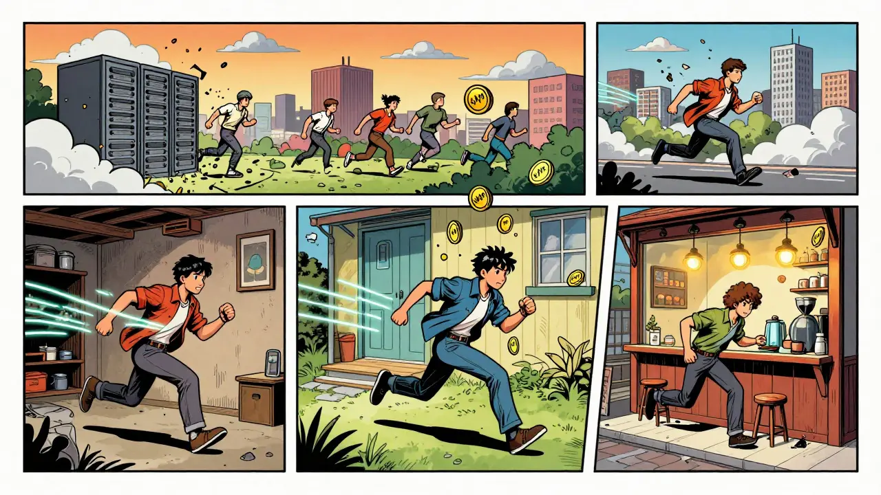 People running Saito nodes at home, rewarded with SAITO coins as data streams surround them.