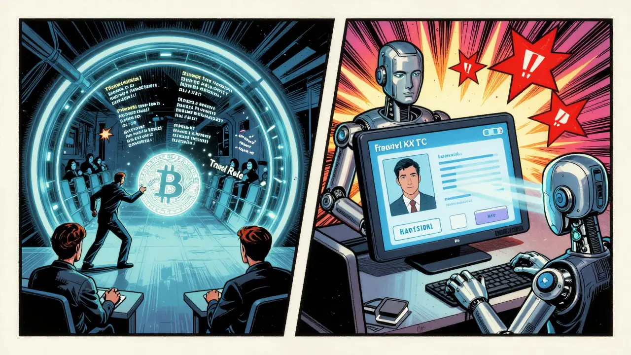 Split-panel comic showing crypto transaction under Travel Rule and AI KYC software scanning identities.