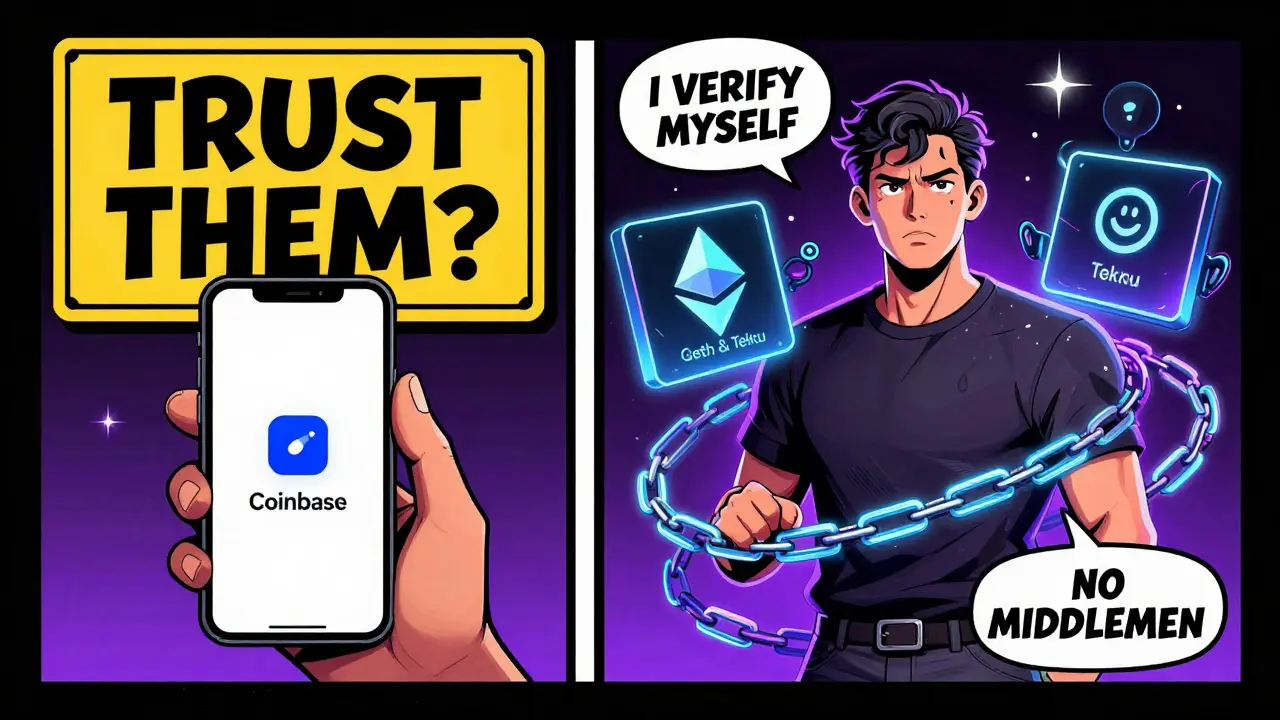 Split scene: centralized wallet on left, personal Ethereum node with guardians on right, symbolizing trust vs verification.