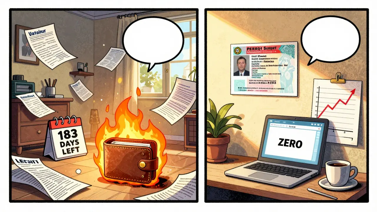 Split scene: chaotic U.S. tax chaos vs. peaceful Portuguese crypto residency with zero tax shown on screen.