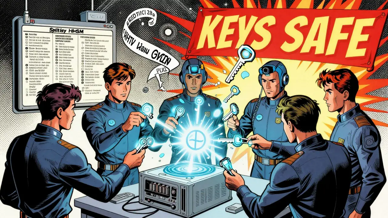 Team activates split-key HSM system with glowing fragments converging into a digital signature.