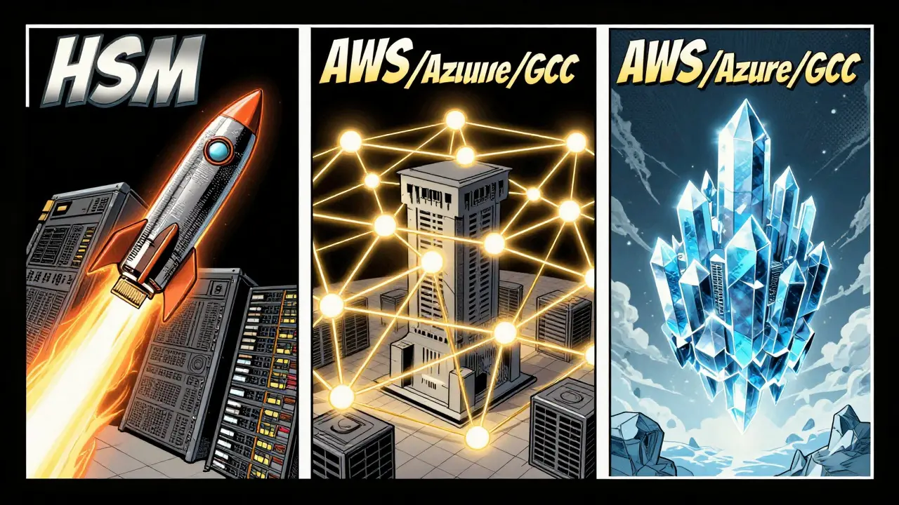 Three HSM deployment models illustrated as dynamic comic panels in a blockchain network.