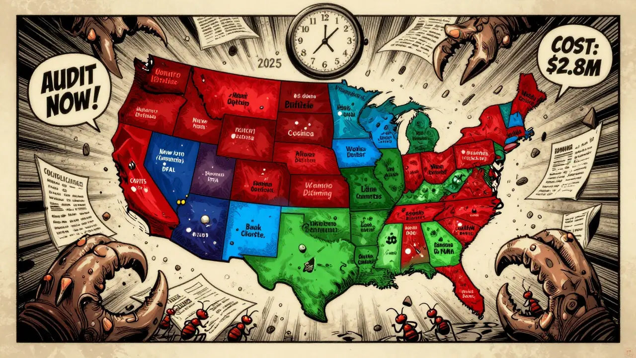 U.S. map with glowing state regulations and crypto firms struggling under compliance costs, set in 1960s comic style.