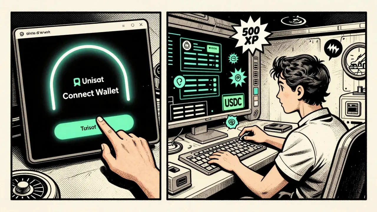 User connecting Unisat wallet while testnet transactions float around them in retro comic art.