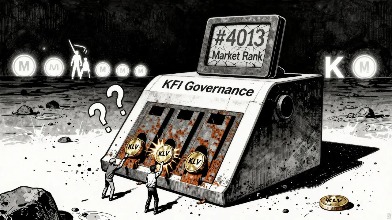 A broken voting machine labeled 'KFI Governance' spits sparks as tiny figures try to use KLV tokens in a digital wasteland.