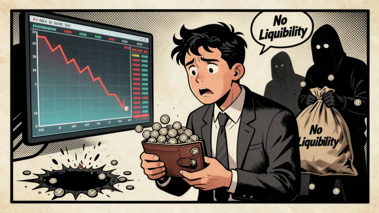A confused person stares at a crashing PEEZY price chart while shadowy figures dump tokens.