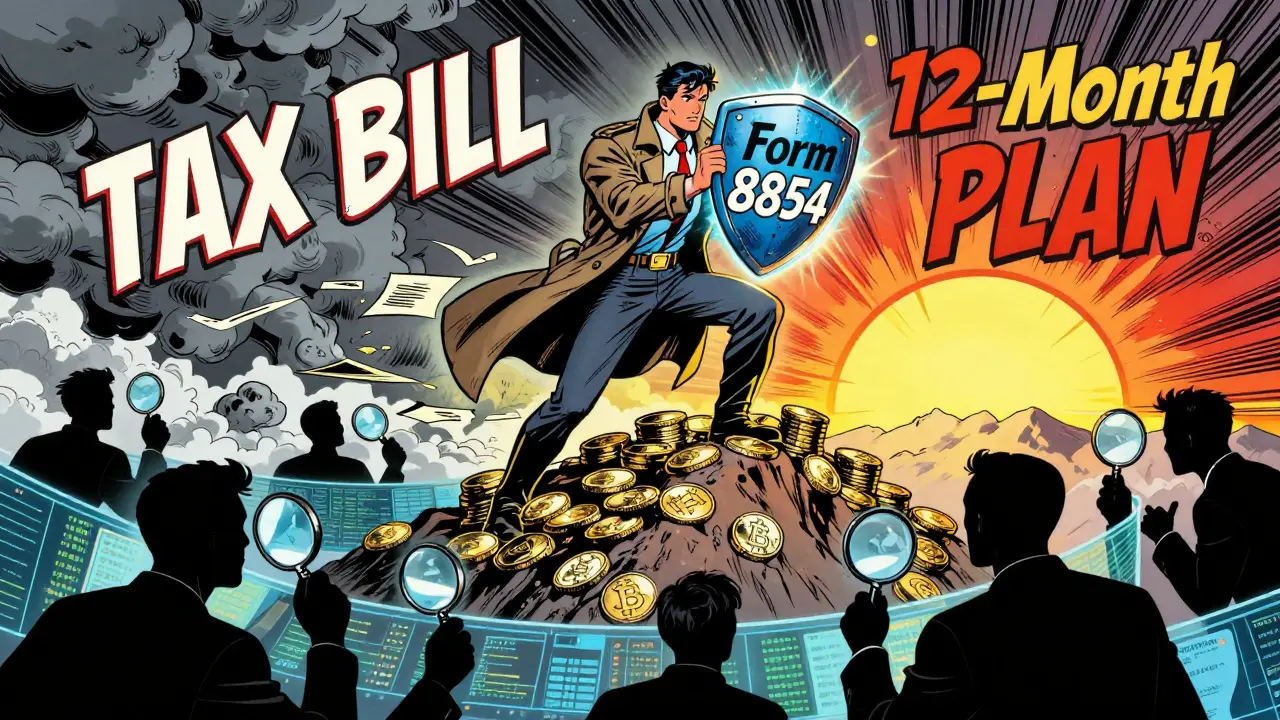 A hero holds Form 8854 atop a mountain of crypto coins, battling IRS and analysts in vintage comic style.