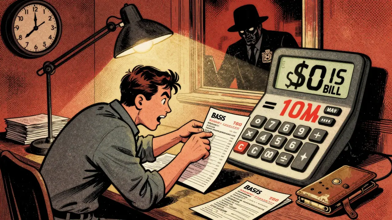 A man sorts crypto records under a lamp as a giant calculator shows a massive tax bill, in retro comic art.