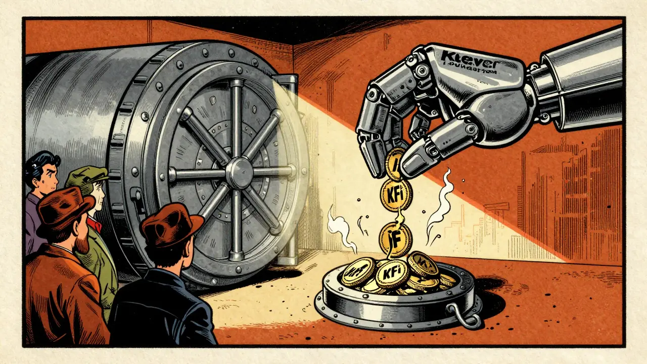 A mechanical hand labeled 'Klever Foundation' drops KFI tokens into a vault while citizens watch their rewards vanish.