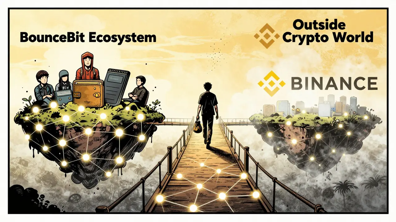 A narrow blockchain bridge connecting BounceBit ecosystem to distant crypto giants.